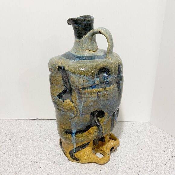 1977 Studio pottery ugly face pitcher jug vase cobalt blue and stoneware signed - Picture 8 of 14